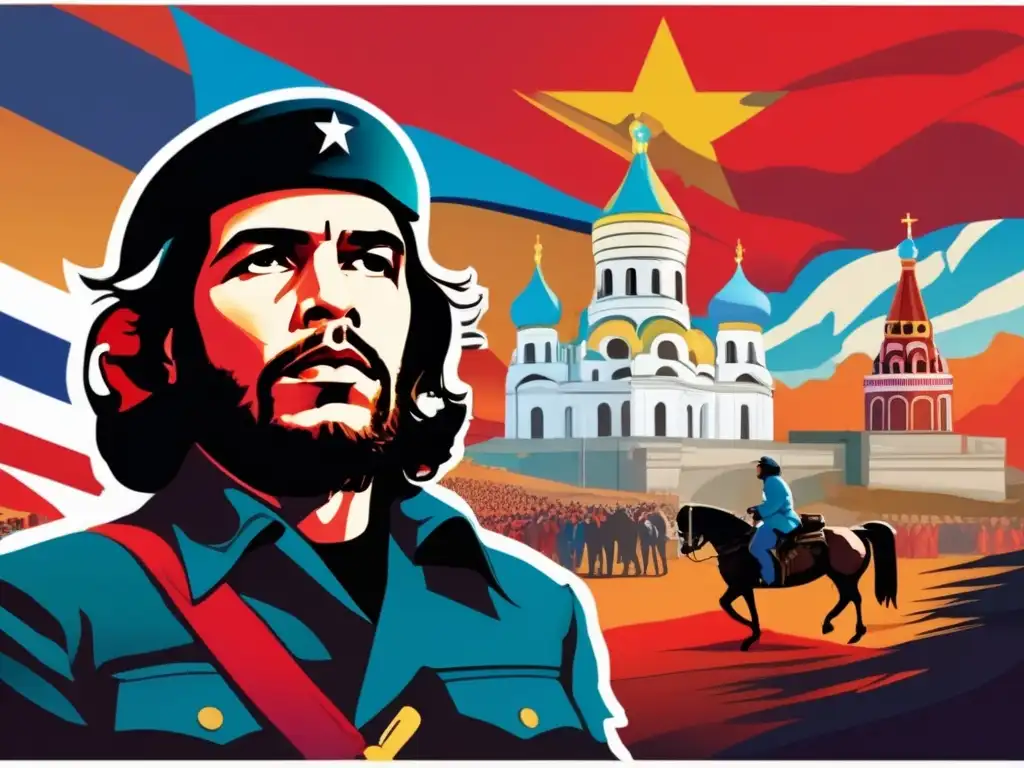 Un viaje influencial: Ché Guevara en Rusia, inmerso en conversaciones con líderes y activistas, rodeado de colores vibrantes y momentos históricos