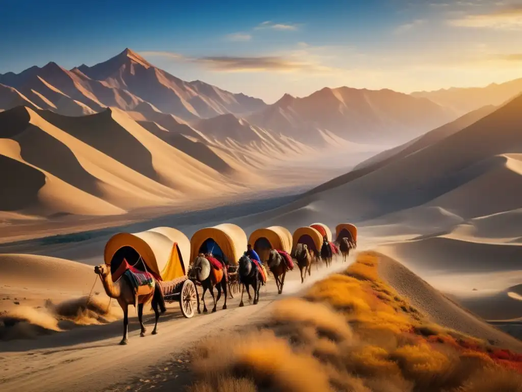Un viaje legendario: la caravana de Marco Polo recorriendo la árida Ruta de la Seda, influencia de aventura y comercio ancestral