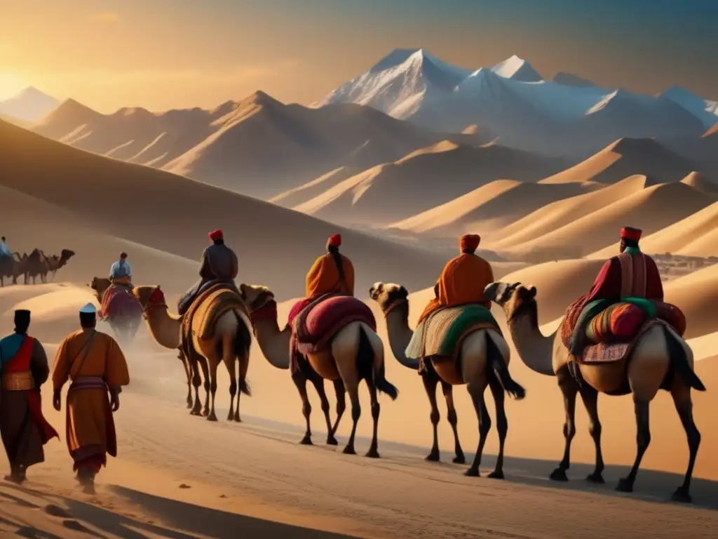 Un viaje legendario: escenas vibrantes de mercado, caravanas de camellos y majestuosas montañas en la antigua Ruta de la Seda