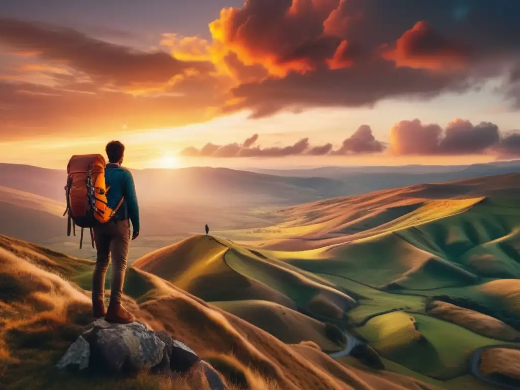 Un viajero de pie en un acantilado al atardecer, con un paisaje majestuoso de colinas y un cielo dramático