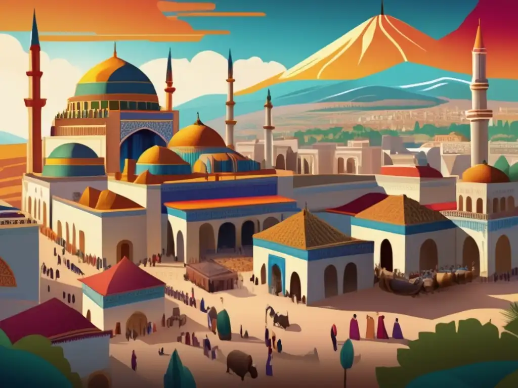 Un ilustración digital vibrante del ascenso al poder del Imperio Selyúcida, capturando la esencia del legado cultural selyúcida en Anatolia con arquitectura detallada, mercados bulliciosos y figuras influyentes