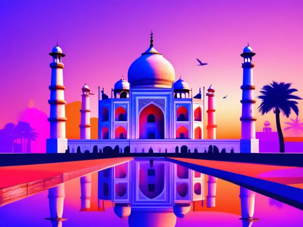 Una ilustración digital vibrante del Taj Mahal al atardecer, reflejándose en la piscina