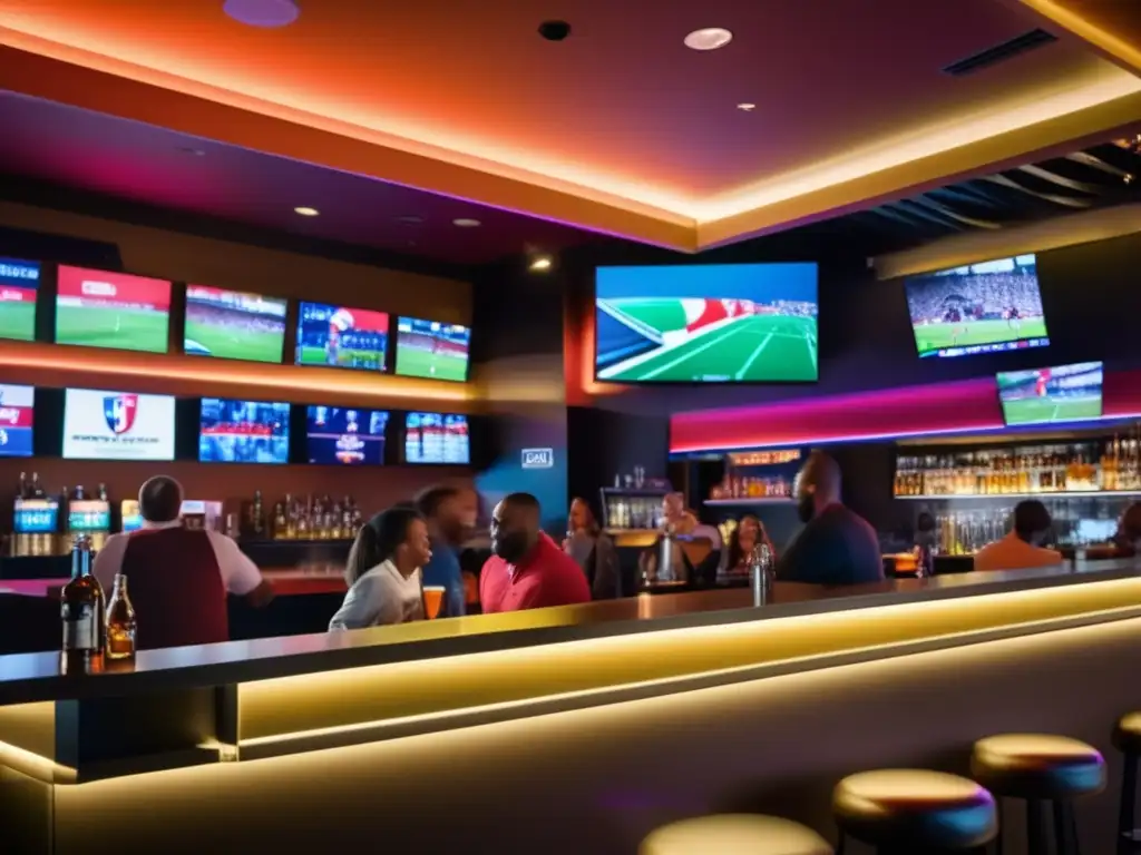 Un vibrante bar deportivo con múltiples pantallas grandes transmitiendo emocionantes juegos, fanáticos entusiastas y una atmósfera moderna y animada