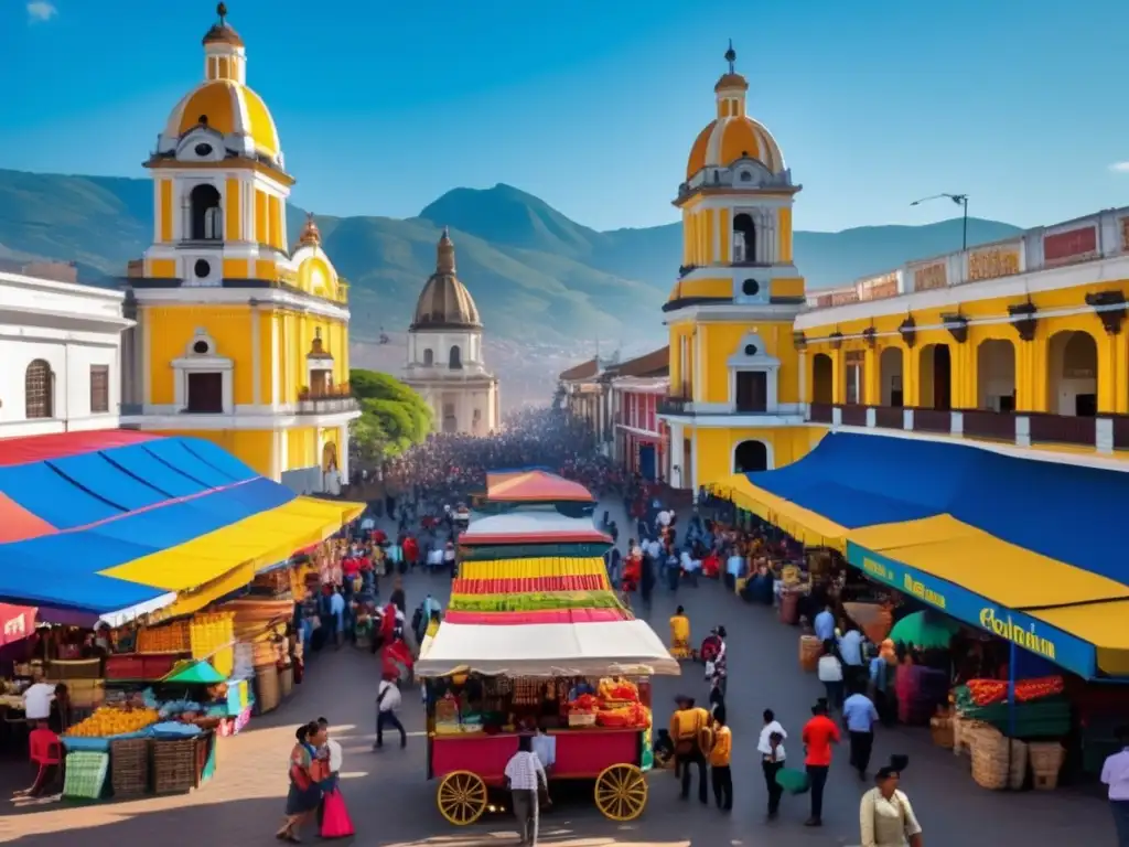 Un vibrante y bullicioso cuadrado de una ciudad colombiana, con vendedores callejeros, multitudes y la arquitectura tradicional bajo un cielo azul