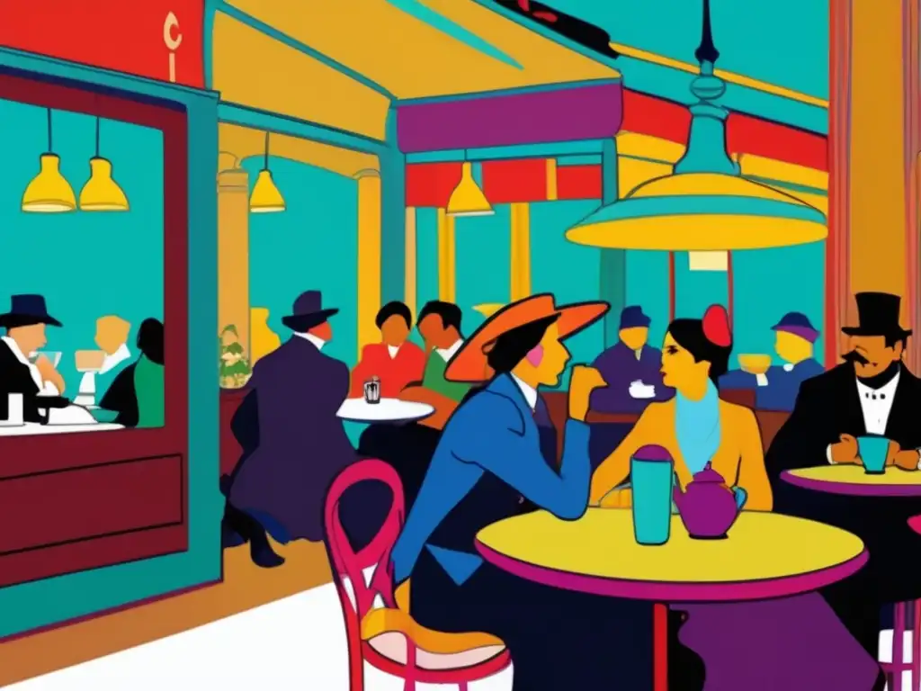 Un vibrante café parisino con personajes icónicos y el estilo de Henri de Toulouse-Lautrec, capturando la esencia de su arte y la vida bohemia