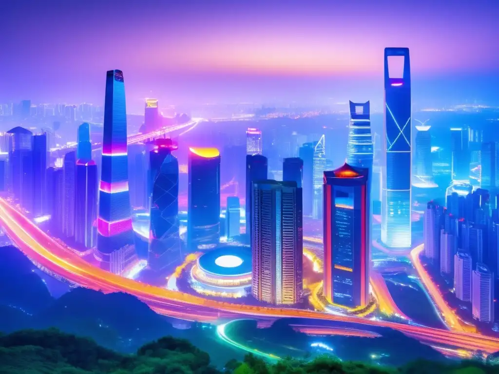 Una vibrante ciudad china de noche, con rascacielos iluminados y una energía vibrante