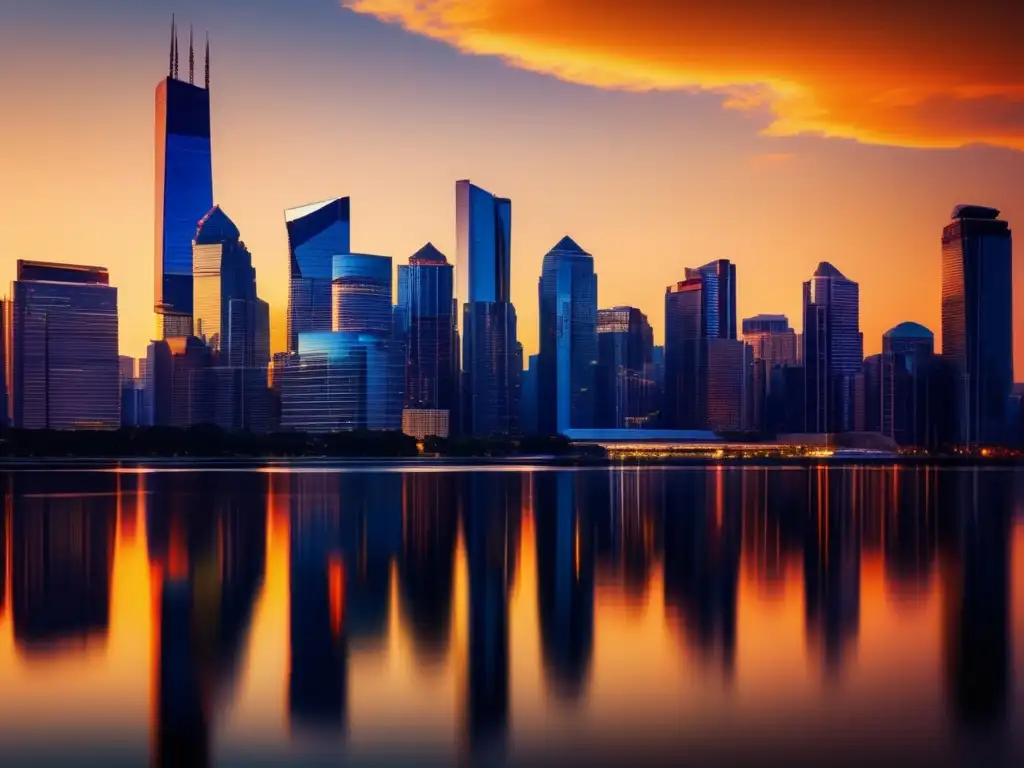 Una vibrante ciudad moderna al atardecer, con rascacielos y edificios de vidrio reflejando los cálidos colores del sol