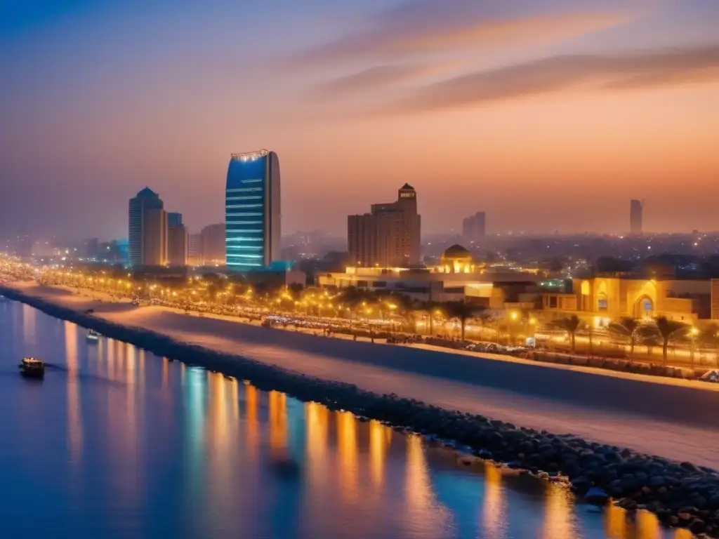 La vibrante ciudad de Karachi, Pakistán, se ilumina al anochecer, reflejando su moderno horizonte en el mar