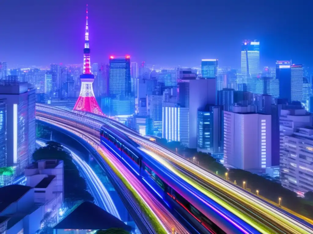 Una vibrante ciudad de Tokio de noche, con luces de neón iluminando rascacielos y un tren de alta velocidad pasando, reflejando el liderazgo económico de Japón bajo Shinzo Abe