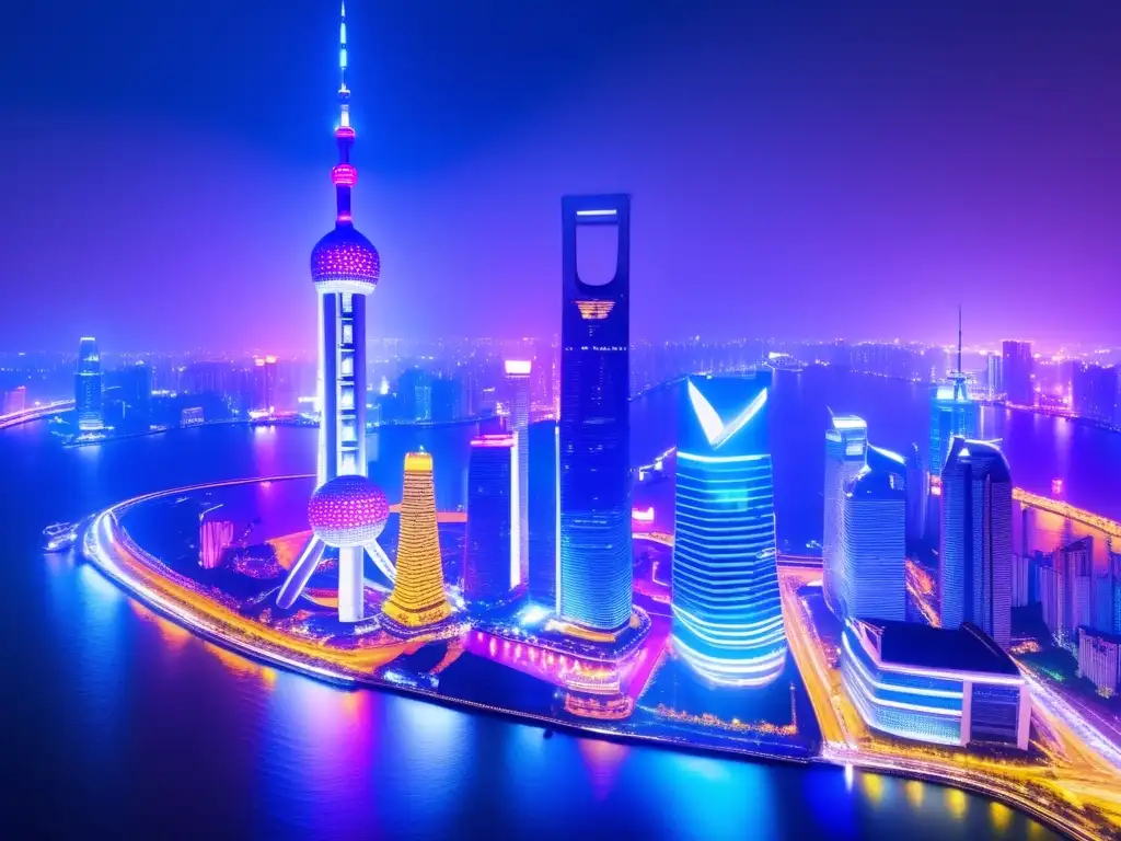 Una vibrante ciudad nocturna en Shanghai refleja la reestructuración económica China postcrisis, con luces de neón y un dinámico paisaje urbano