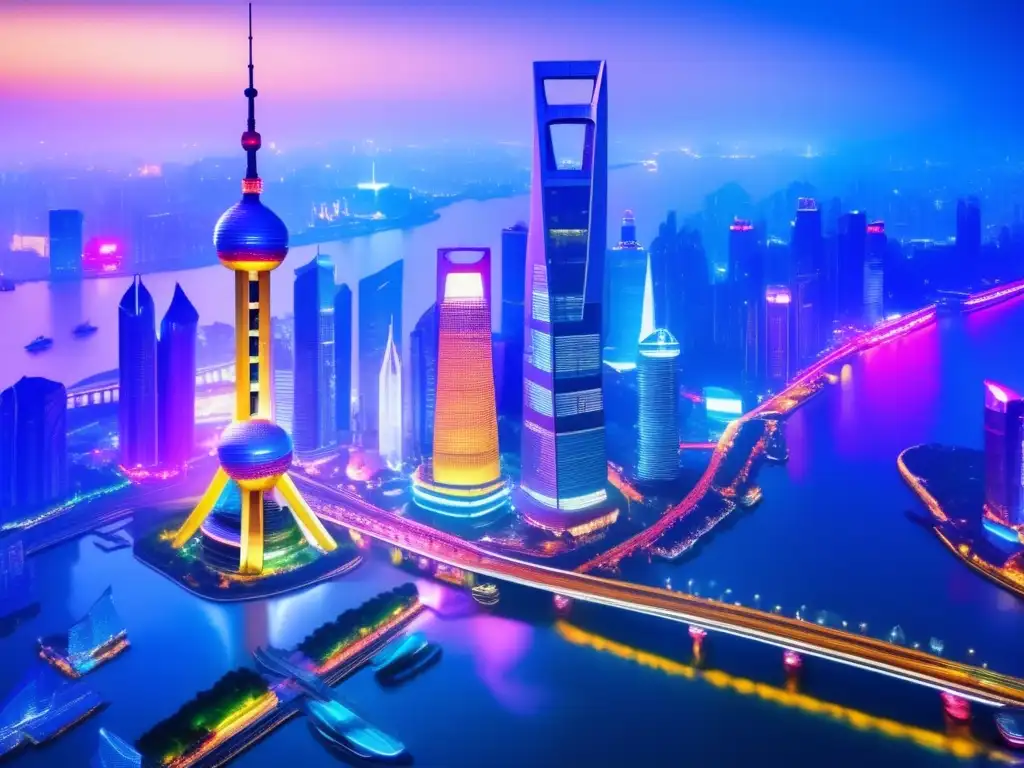 Vibrante ciudad de Shanghai de noche, con sus futuristas rascacielos y luces de neón reflejándose en el río, mostrando el milagro económico de China