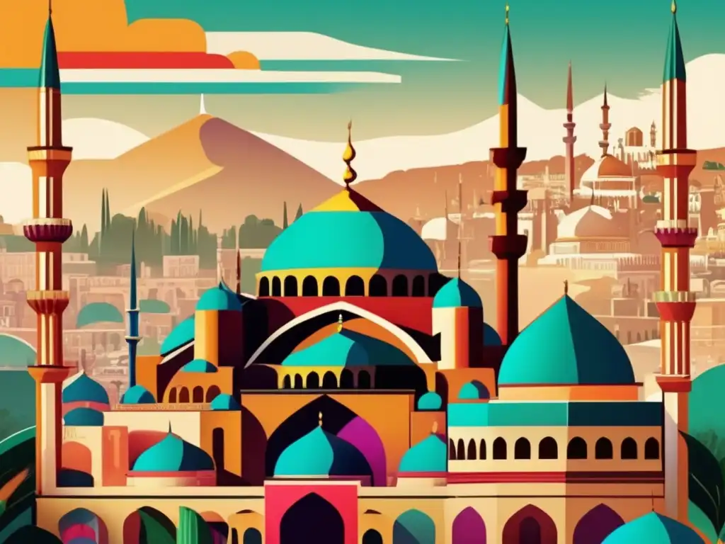 Un vibrante collage digital que muestra el legado cultural selyúcida en Anatolia, con patrones geométricos, minaretes imponentes y bulliciosos mercados