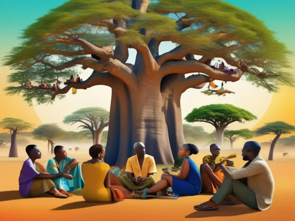 Un vibrante collage digital que representa la rica historia y sabiduría de la filosofía africana, con personas debatiendo bajo un baobab