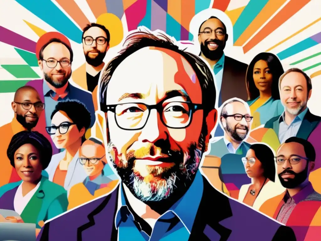 Un vibrante collage digital muestra a Jimmy Wales rodeado de personas diversas de todo el mundo, colaborando en dispositivos electrónicos