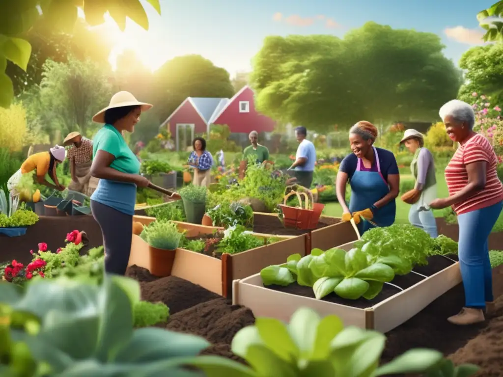 Un vibrante jardín comunitario donde personas de todas las edades y orígenes colaboran en la Economía de los Bienes Comunes Elinor Ostrom