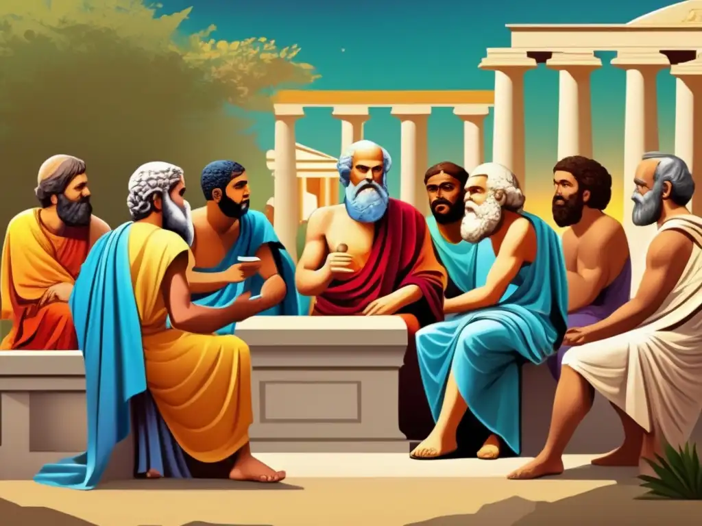 Un vibrante cuadro digital de Sócrates filosofando en una ágora griega, rodeado de diversos seguidores