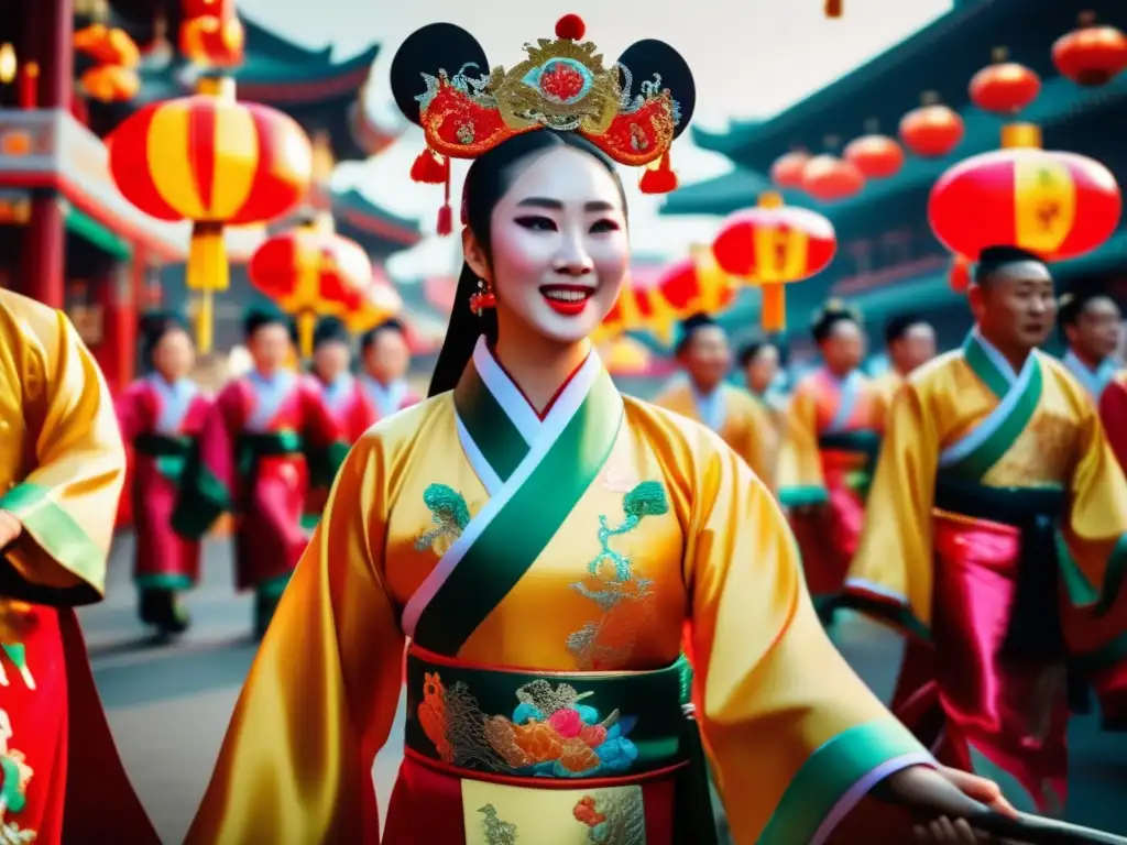 Un vibrante desfile de festividades chinas con decorados detallados, trajes coloridos y la sabiduría de Ban Zhao