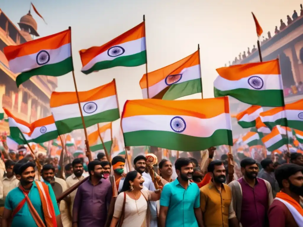 Un vibrante desfile de manifestantes indios, ondeando banderas y pancartas, en un poderoso movimiento por la independencia de la India