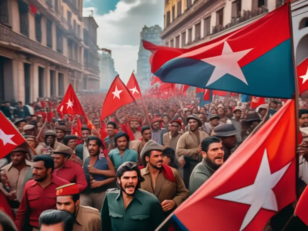 Un vibrante desfile de multitudes ondeando banderas y pancartas con la icónica imagen de Che Guevara