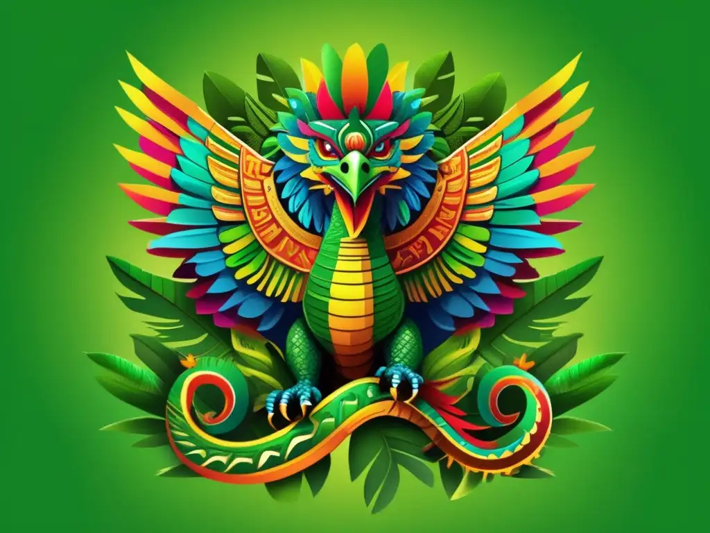 Una ilustración vibrante y detallada del dios azteca Quetzalcóatl, con colores ricos y detalles de serpiente emplumada