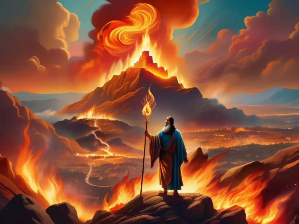 El profeta Elías desafía la idolatría en una ilustración vibrante y detallada, con fuego y determinación