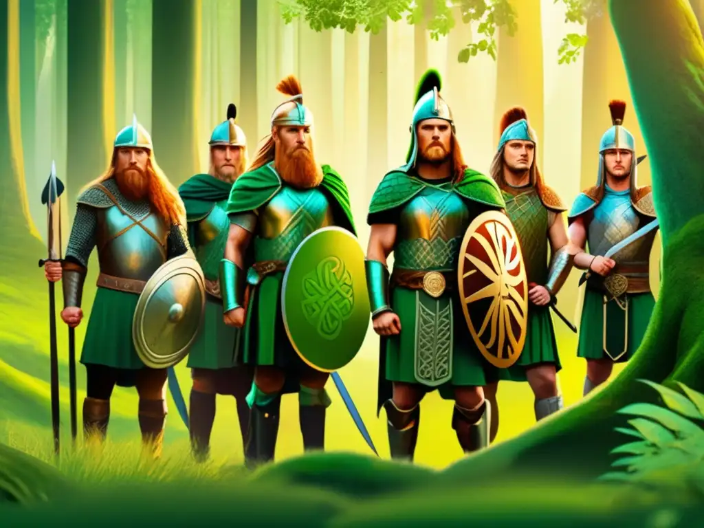 Un vibrante dibujo digital de Los Celtas guerreros y druidas Europa en un exuberante bosque europeo antiguo, con armaduras y armas detalladas