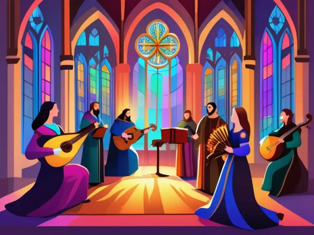 Un vibrante dibujo digital de un ensemble de música medieval actuando apasionadamente en una catedral con arcos ornamentados y vitrales coloridos