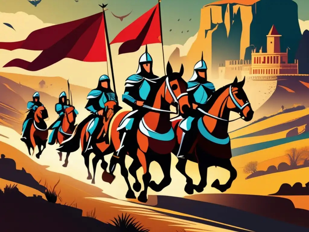 Un vibrante dibujo digital de guerreros visigodos a caballo, con armaduras elaboradas y estandartes, cabalgando por un paisaje dramático y agreste