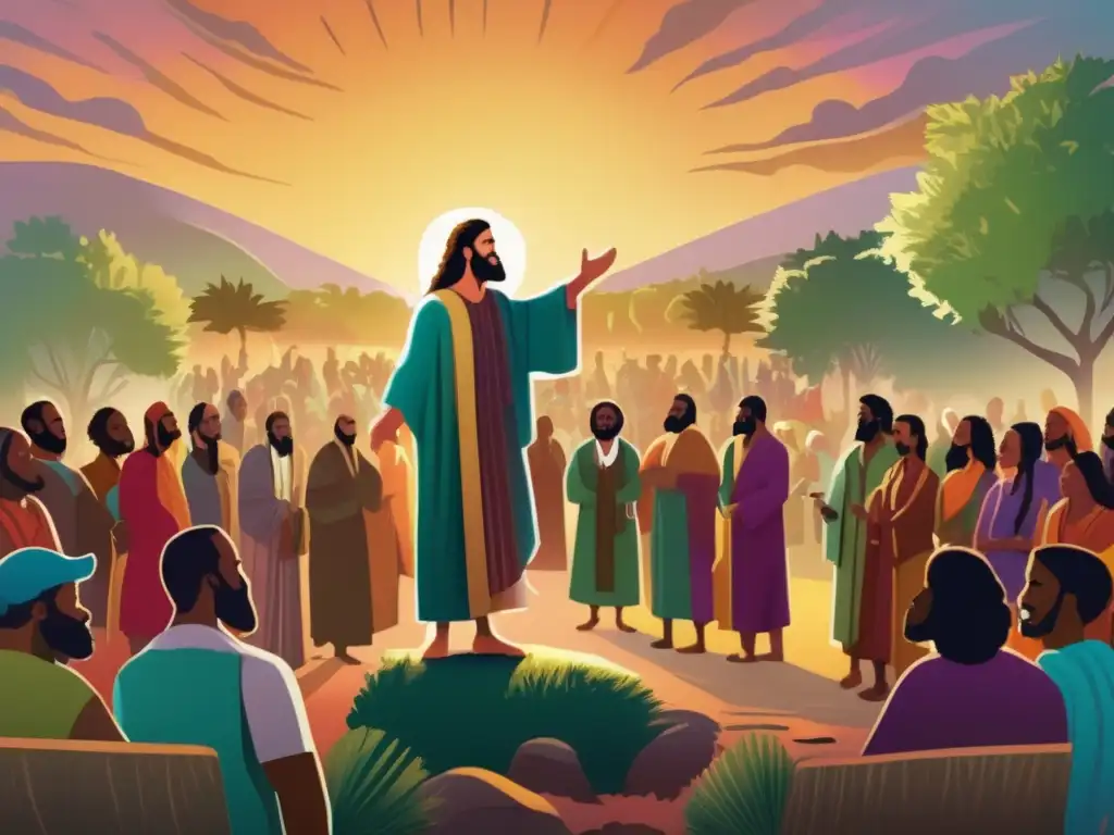 Un vibrante dibujo moderno del mensaje de conversión de Juan Bautista en el desierto, rodeado de una multitud diversa