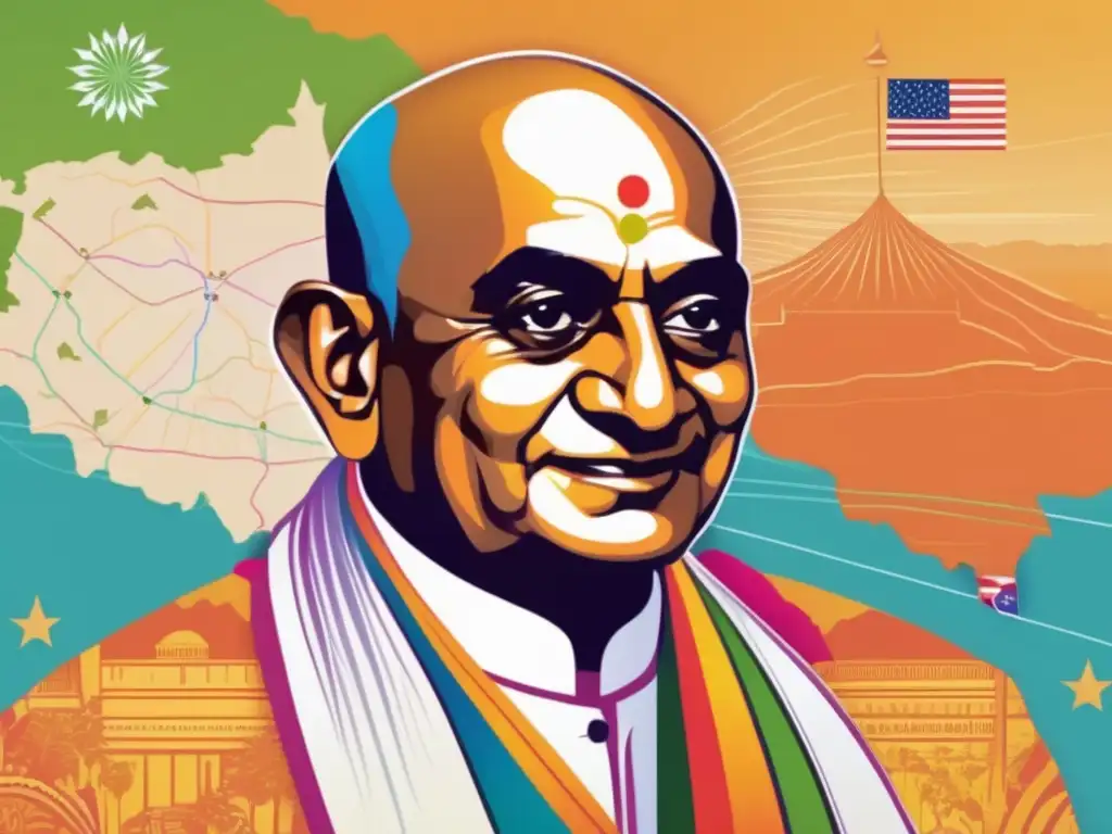 Un vibrante ilustración digital de Vallabhbhai Patel en el centro de un mapa de la India, con líneas coloridas irradiando hacia los diferentes principados, simbolizando el proceso de integración