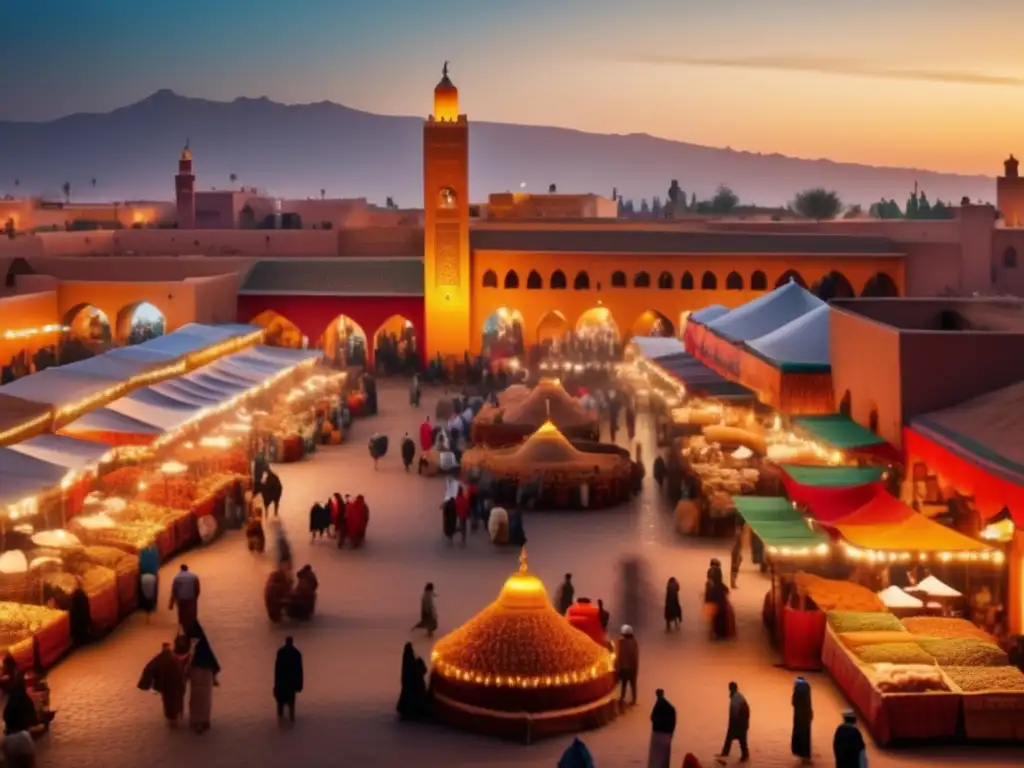 Una vibrante escena del zoco de Marrakech, con colores, arquitectura intrincada y gente comerciando
