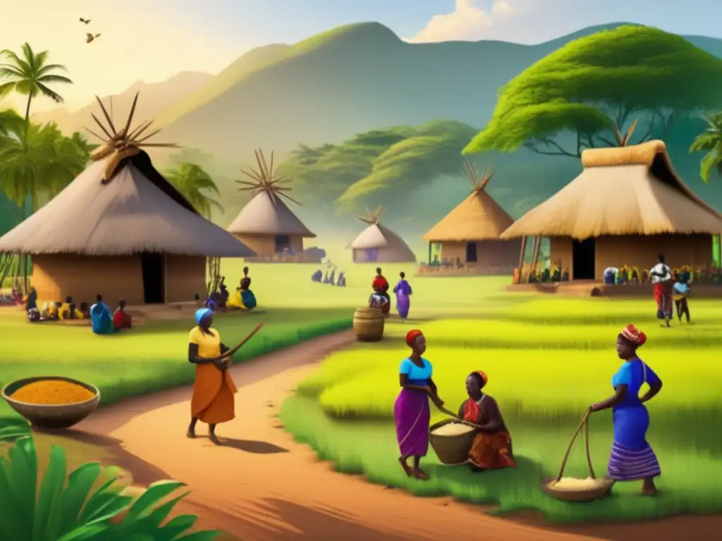Un vibrante escenario de la vida cotidiana en una aldea Yoruba, con actividades como la agricultura, narración de historias y artesanías tradicionales