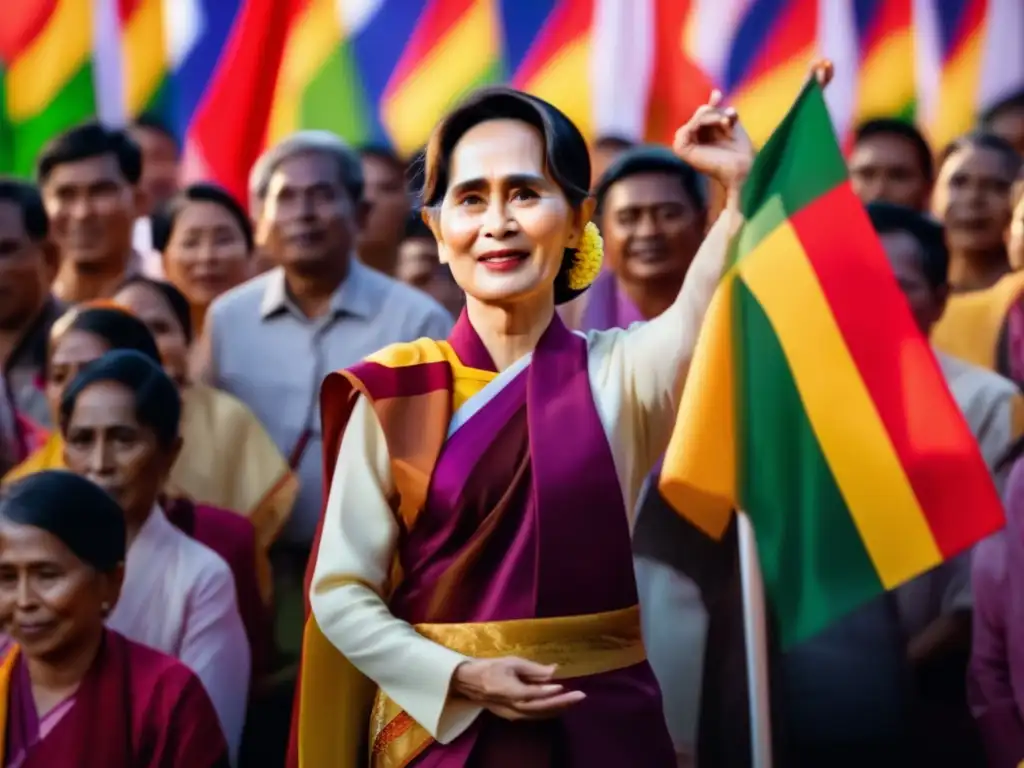 Aung San Suu Kyi liderando un vibrante evento con seguidores diversos y banderas ondeando