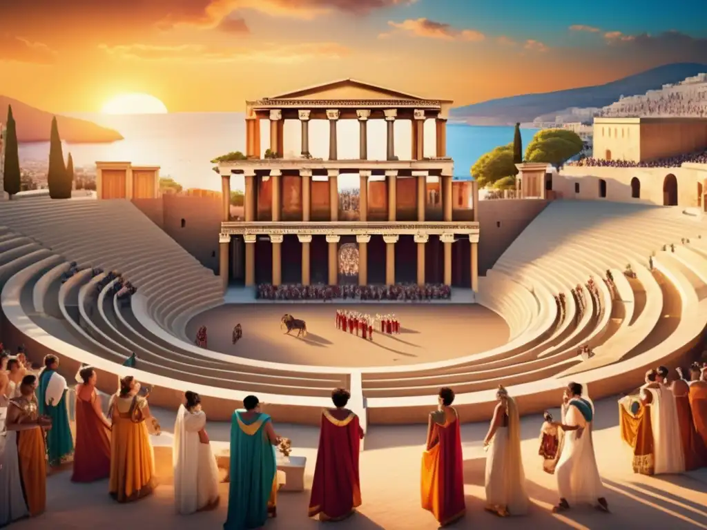 Un vibrante festival en un antiguo anfiteatro griego, con coloridos trajes y entusiasmados espectadores