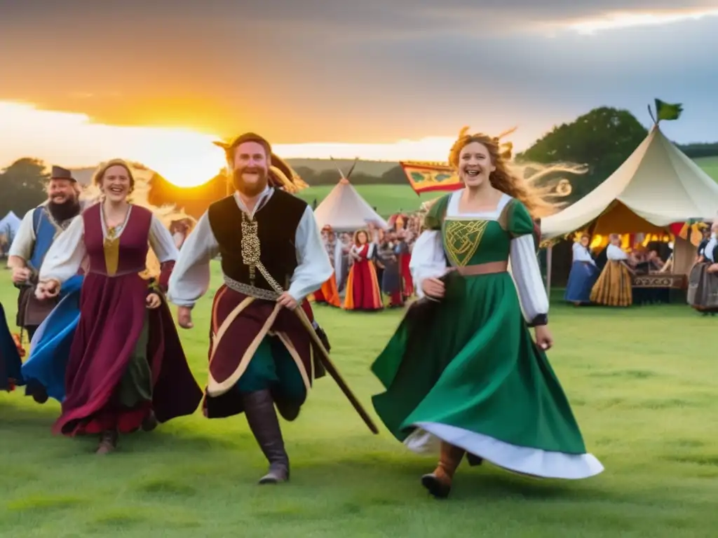 Un vibrante festival celta medieval en un prado verde con coloridos estandartes y músicos