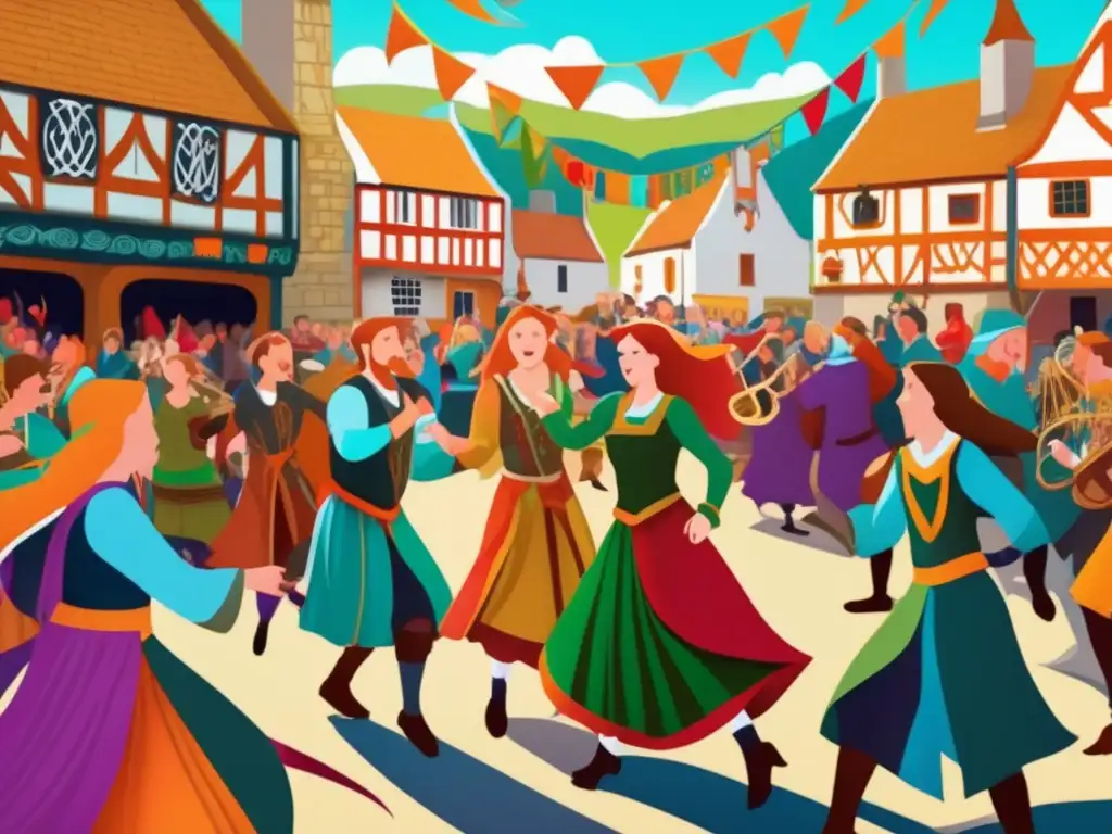 Un vibrante festival celta medieval en Gerald Gales, con coloridos trajes, música y baile en la plaza del pueblo