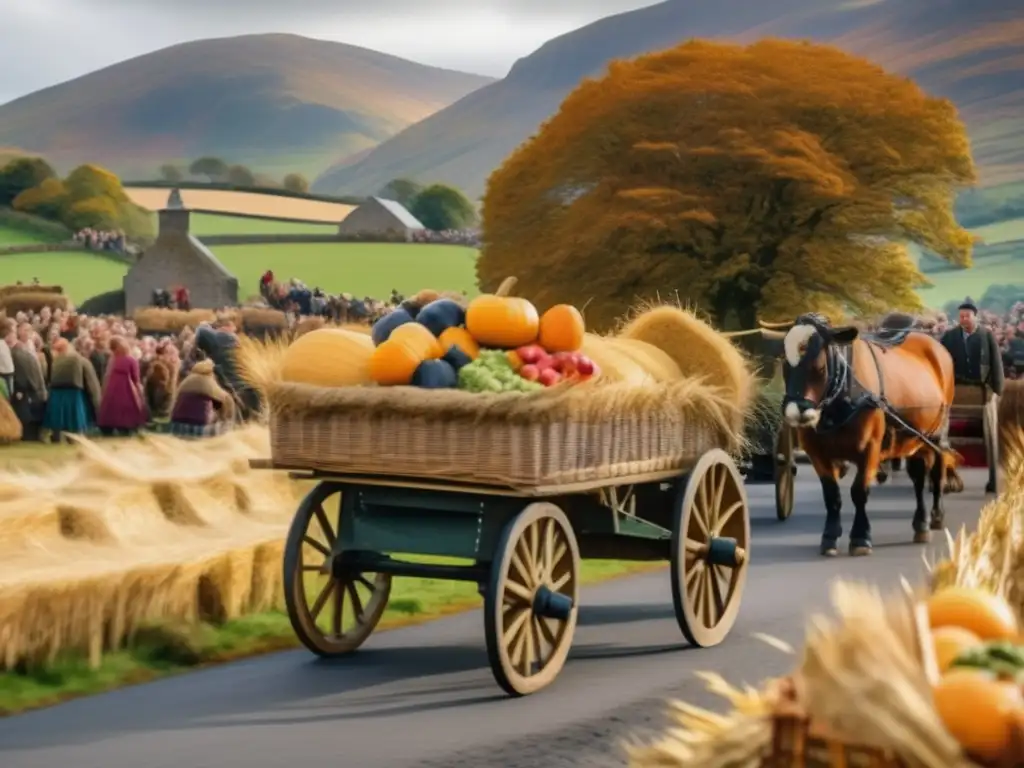 Un vibrante festival de cosecha en Escocia, con colores otoñales y rituales ancestrales