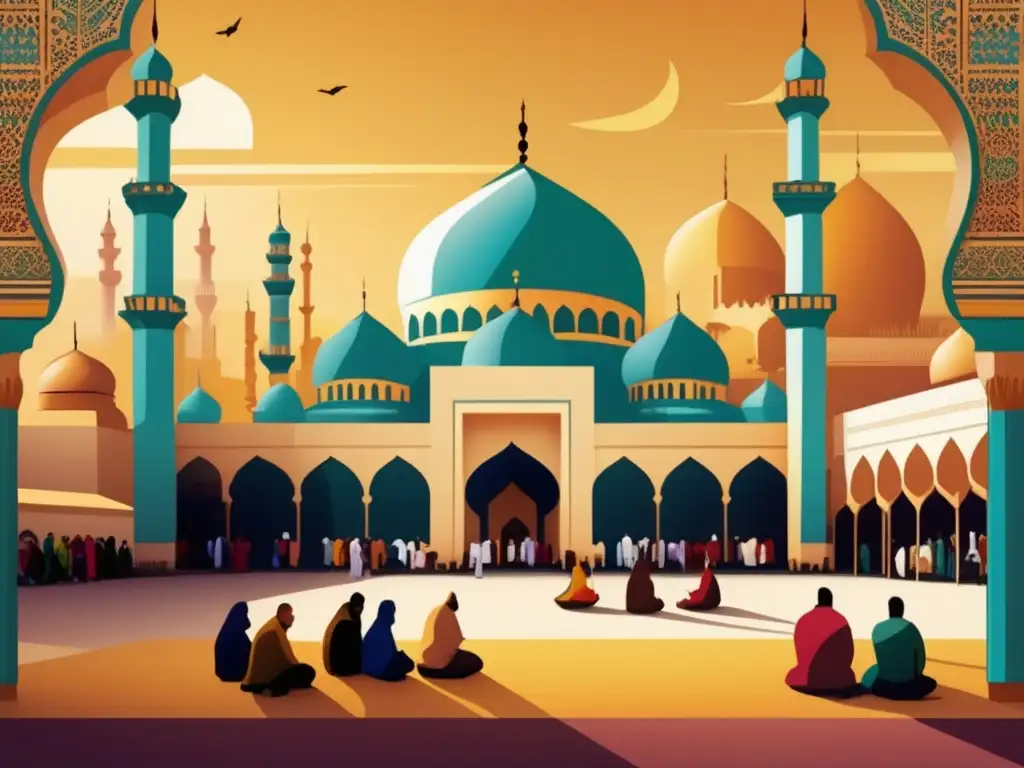 Un vibrante festival islámico en la moderna mezquita Ibn Khaldun, con patrones geométricos y textiles tradicionales