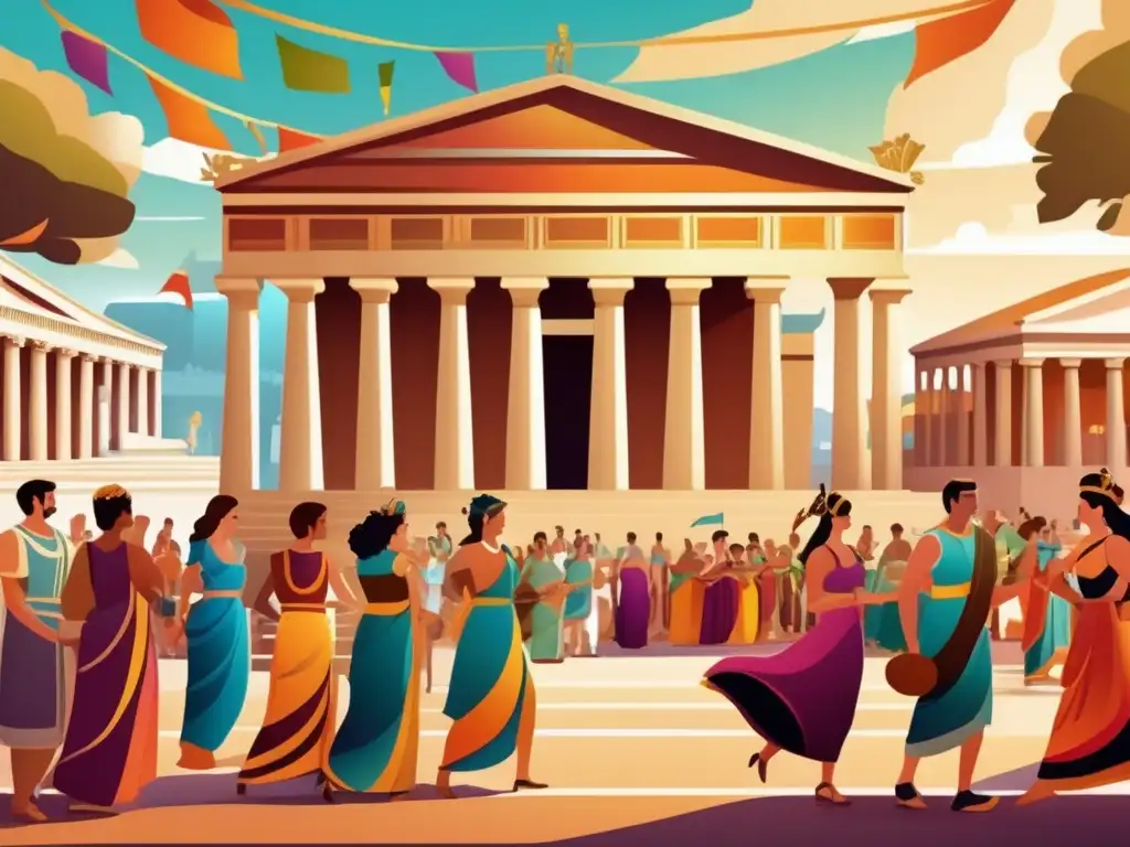 Un vibrante festival del mundo griego y romano, con coloridos trajes, música y baile, y una atmósfera festiva entre arquitectura grandiosa