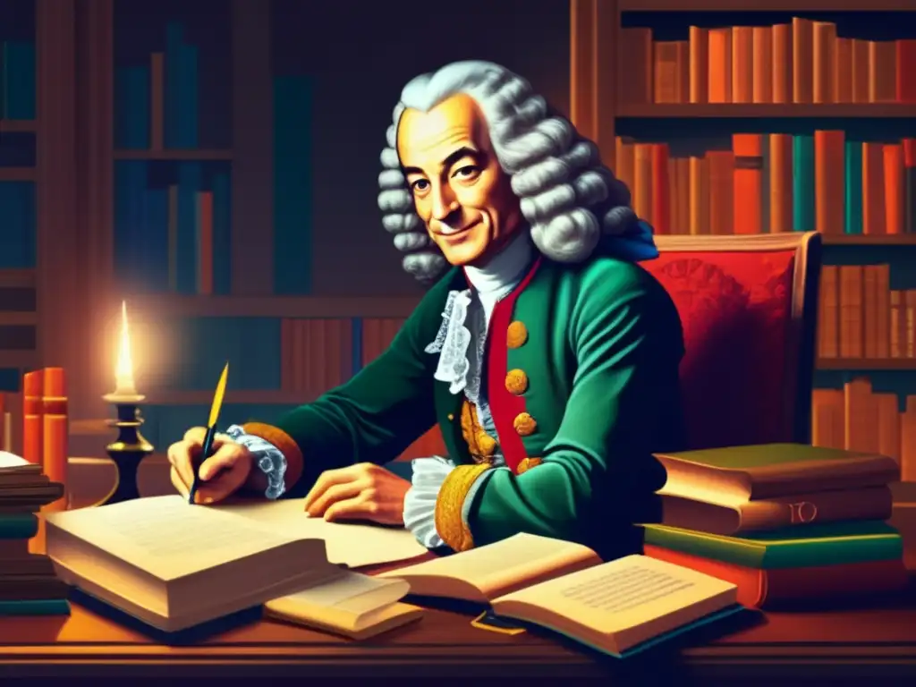 Una representación vibrante de Voltaire, el filósofo ilustrado, inmerso en su estudio, rodeado de libros y papeles, escribiendo con pluma