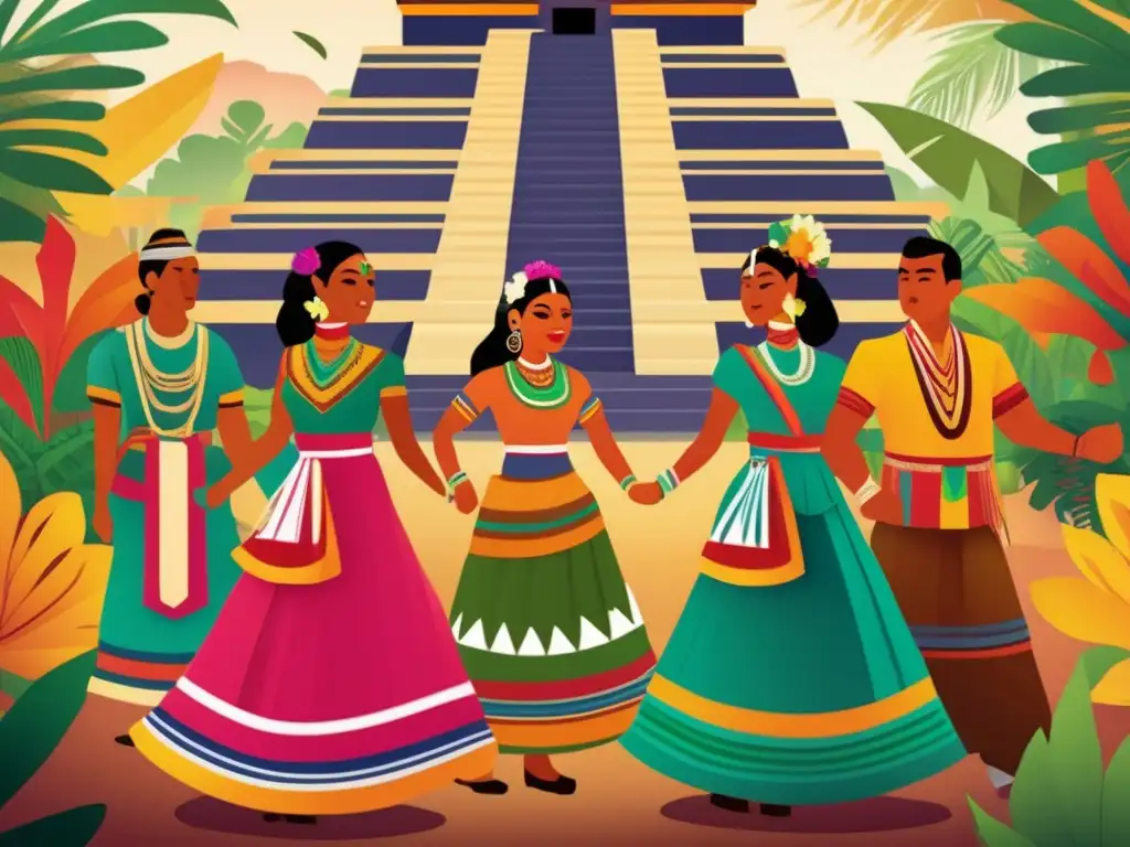 Un vibrante homenaje a las celebraciones mesoamericanas, con influencia de la conquista, capturando la esencia de la herencia cultural