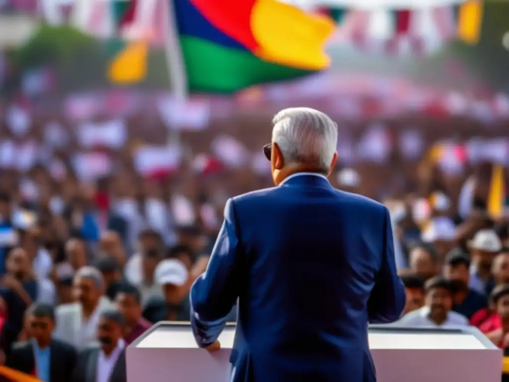 Transformación mexicana: Andrés Manuel López Obrador lidera un vibrante mitin político, conectando con entusiasmo a la multitud diversa