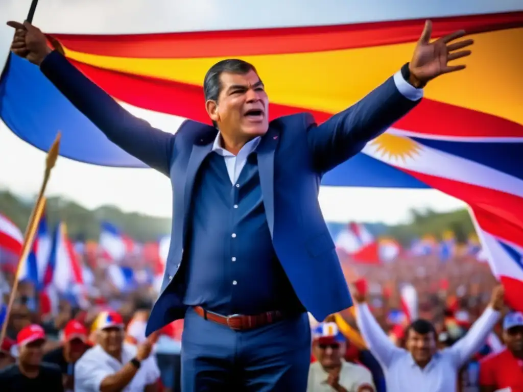 Rafael Correa lidera un vibrante mitin político en Ecuador, con la multitud ondeando banderas y aplaudiendo