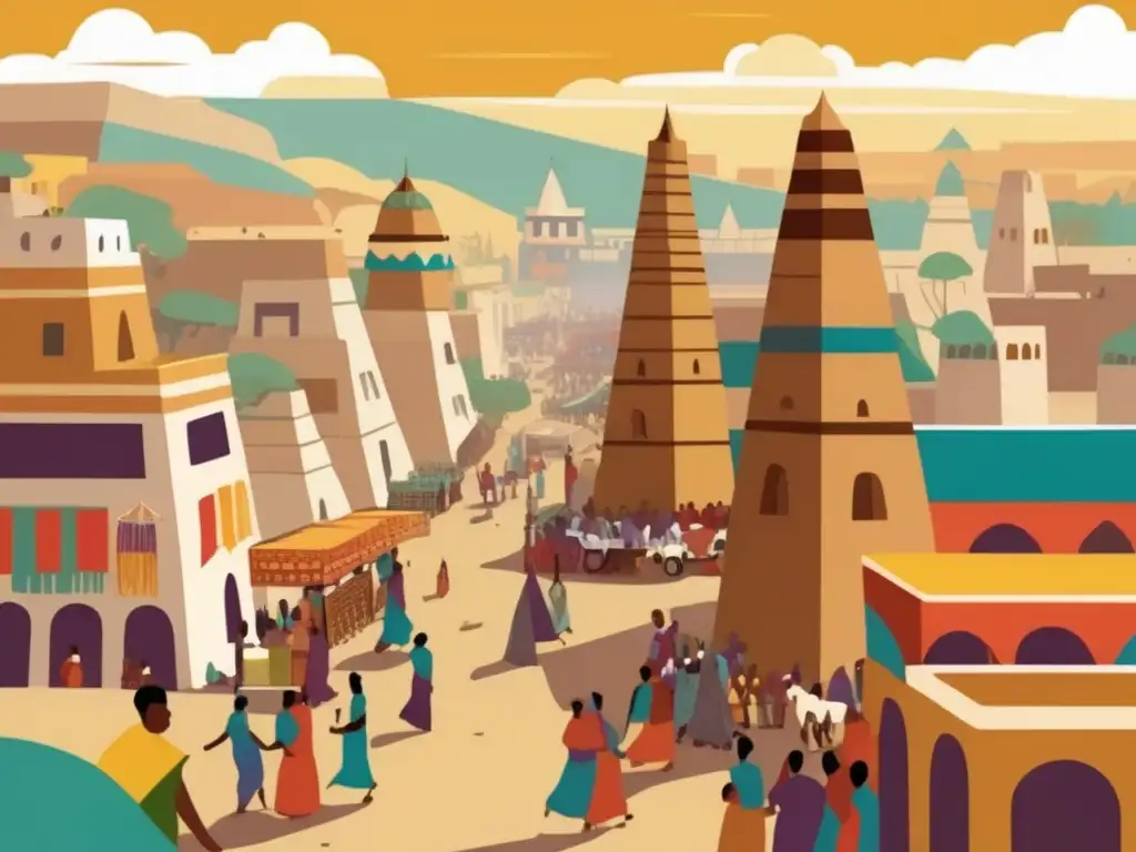 Una ilustración vibrante y moderna de la bulliciosa ciudad antigua de Aksum, con calles bien organizadas, impresionantes obeliscos de piedra y concurridos mercados