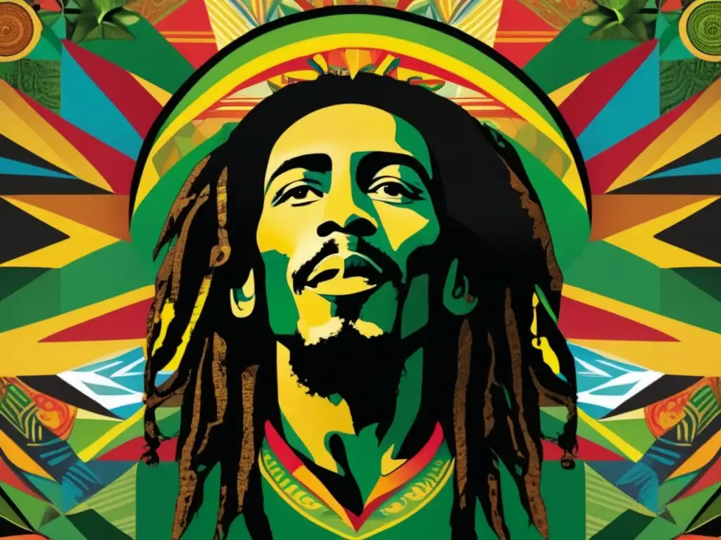 Una vibrante y moderna composición digital con Bob Marley en el centro, rodeado de patrones y símbolos que representan la música, cultura y emancipación