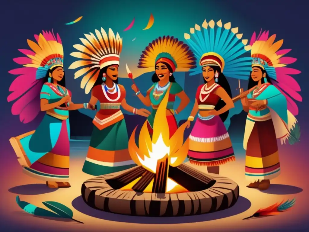 Una ilustración vibrante y moderna captura la energía de las celebraciones mesoamericanas, con coloridos atuendos tradicionales y una danza ceremonial alrededor de una fogata