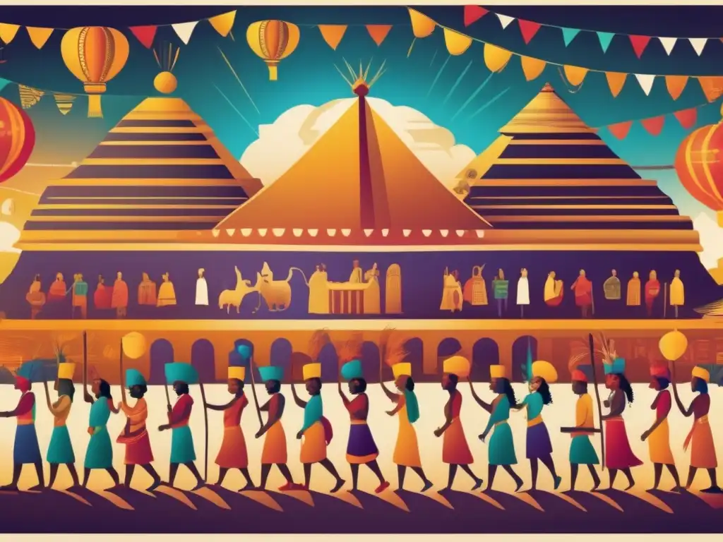 Una ilustración vibrante y moderna que muestra festividades a lo largo del tiempo, desde antiguas civilizaciones hasta la actualidad, con colores y detalles que resaltan la evolución de las celebraciones culturales
