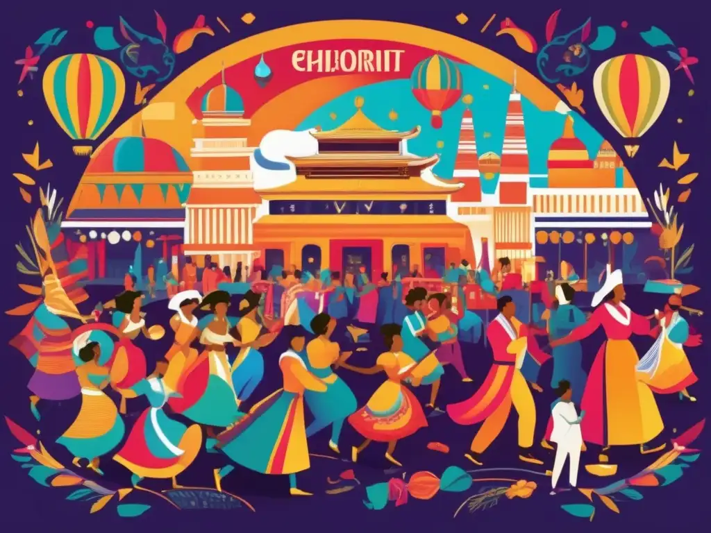 Una ilustración vibrante y moderna que muestra festividades a lo largo del tiempo en un collage dinámico y colorido