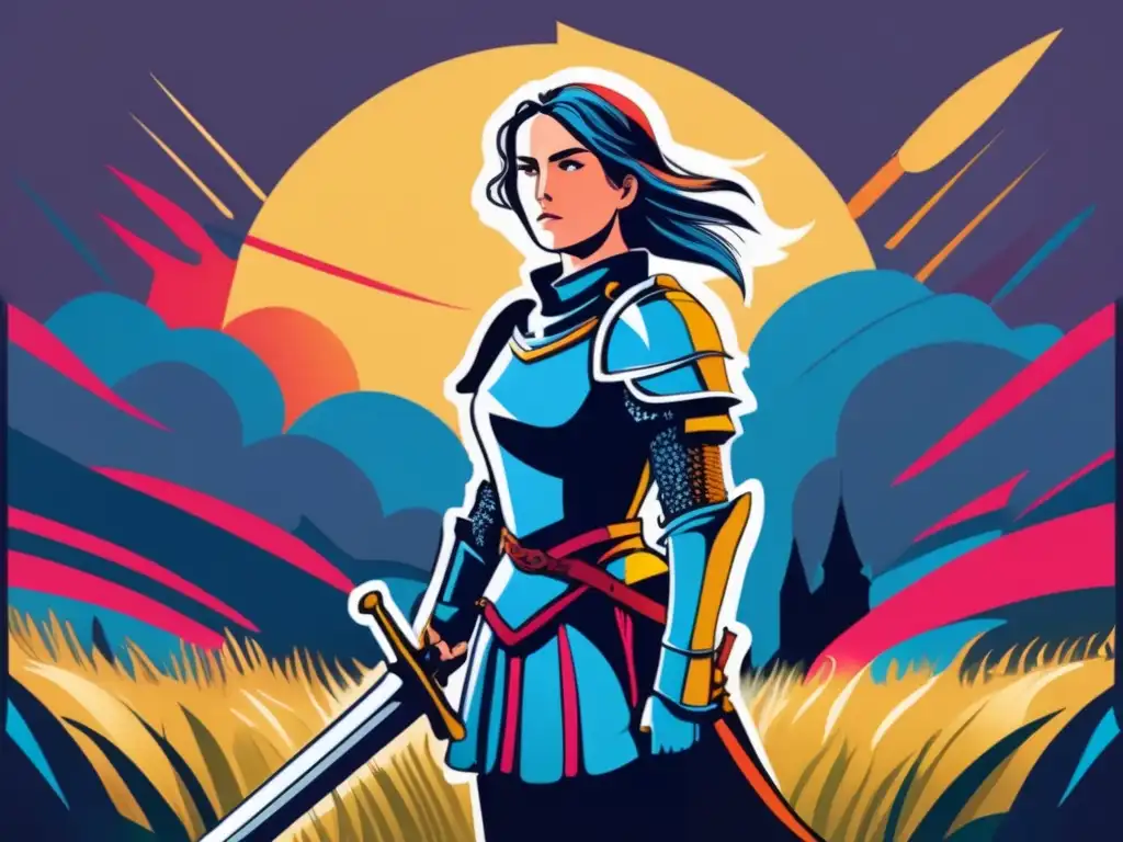 Una ilustración vibrante y moderna de la joven Jeanne d'Arc, con armadura y espada, expresión determinada, fuerza y valentía