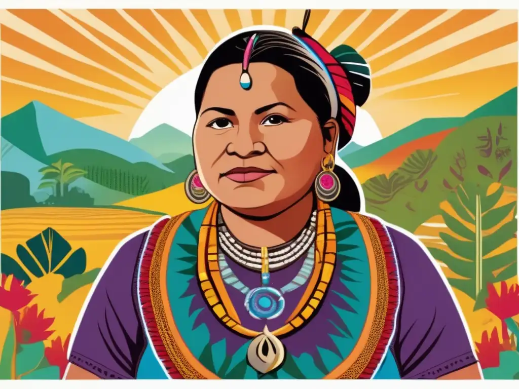Una ilustración vibrante y moderna de Rigoberta Menchú, símbolos indígenas y paisajes guatemaltecos, reflejando su lucha por los derechos indígenas